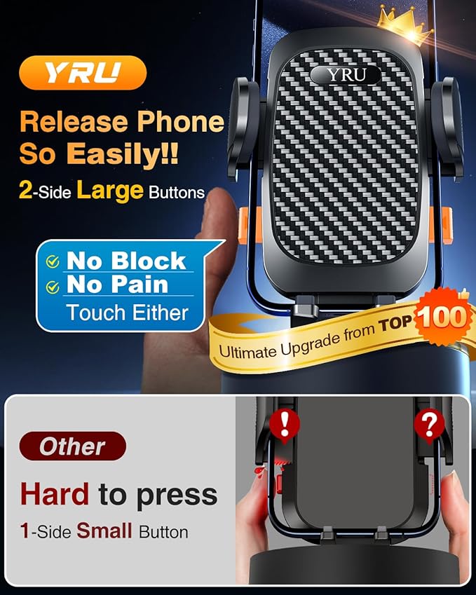 YRU True Military-Grade [360° Rotation Suction] 2026 Ultimate Car Phone Holder Mount【90+LBS Safest Strongest & Patent Certs】 Dash Windshield Vent for iPhone 17 16 Pro Max with Dash Accent,Gloss Black