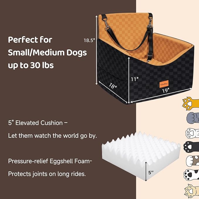 Dog Car Seats for Small Medium Dogs Up to 35lbs | Elevated Dog Booster Seat with Detachable Washable Cover & Cushion | Memory Foam Pet Car Travel Seat with Safety Belt and Storage Pockets