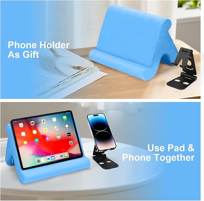 Universal Multi-Angle Tablet Stand Holder-Soft Pad Stand with black phone holder for Lap,Knee,Sofa and Bed,Compatible with iPad Pro 9.7,10.5,12.9 Air Mini 4 3,Kindle,Galaxy Tab,E-Reader (Blue)
