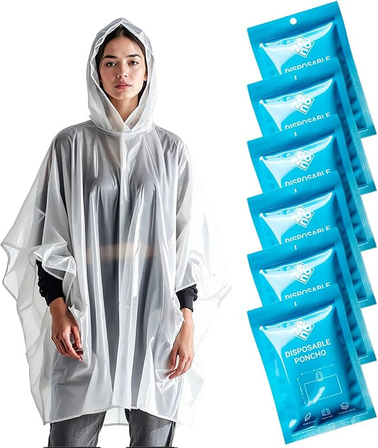ZENO Disposable Rain Ponchos for Adults - Clear with Hood, Compact Emergency Ponchos for Hiking, Camping, Travel - Pack of 6