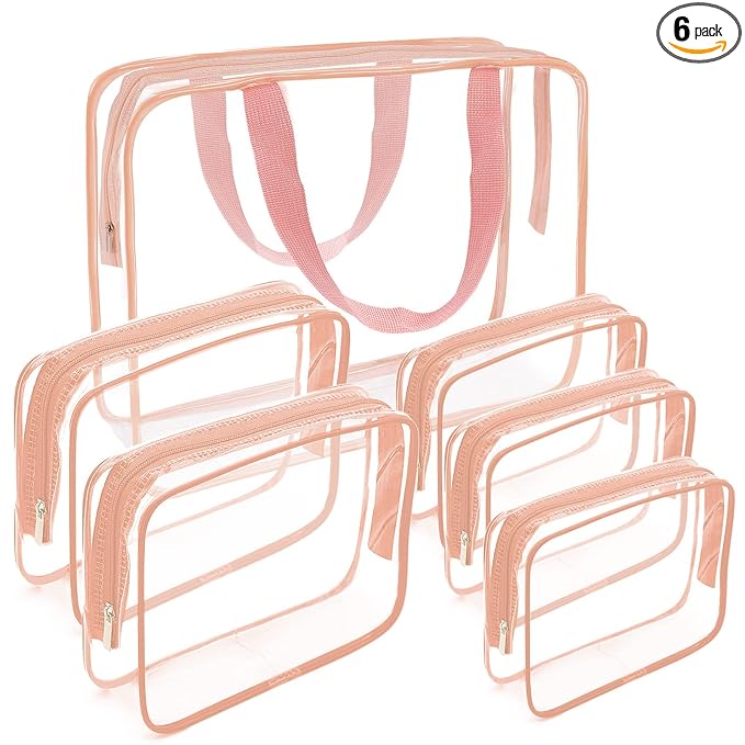 APREUTY Clear Makeup Bags, TSA Approved 6 Pcs Cosmetic Makeup Bags Set Clear PVC with Zipper Handle Portable Travel Luggage Pouch Airport Airline Vacation Organization (Pink)
