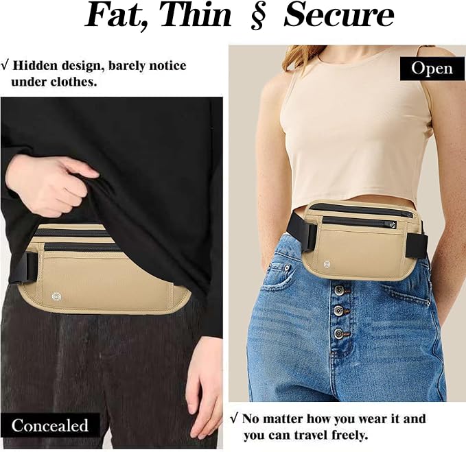 Khaki Hidden Money Belt for Travel for Men, Waist Wallet Anti Theft, RFID Passport Holder For Travel Men Or Women, Money Pouch, RFID Passport Holder