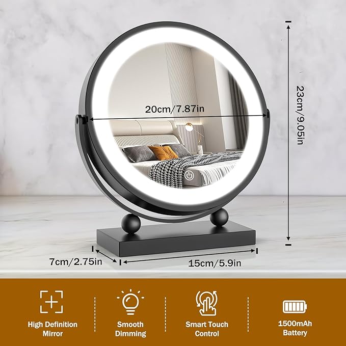 Travel Makeup Mirror, 9" Small Vanity Mirror with Lights, 1500mAH Battery, 3-Color Lighting, Dimmable, 360° Rotation, Round Portable Desk Mirror, Travel Essentials (Black)