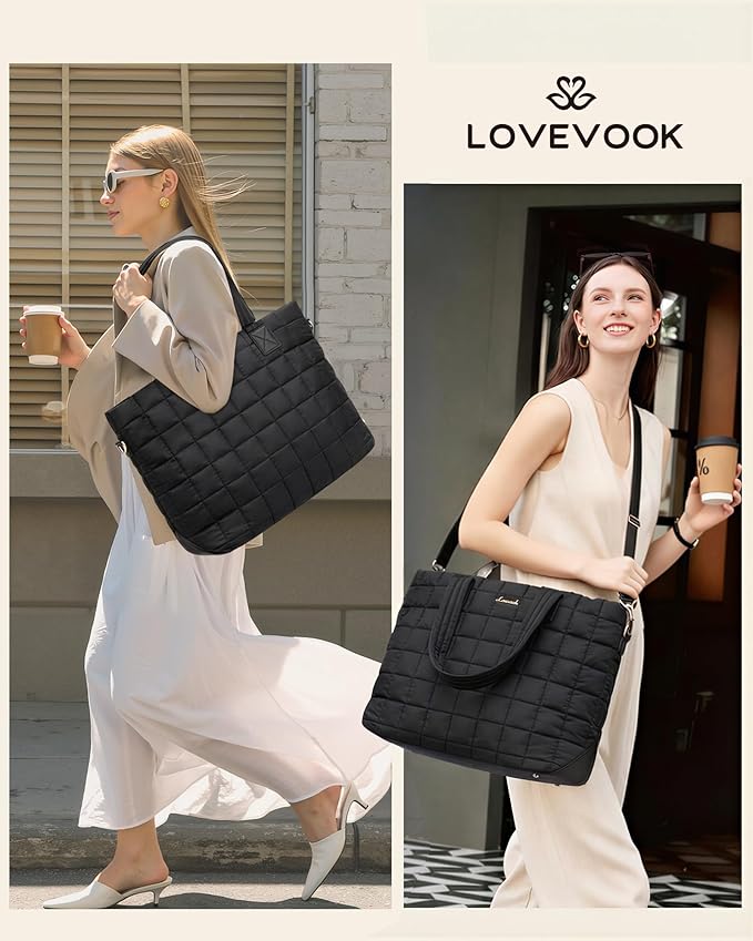 LOVEVOOK Laptop Tote Bag for Women, 15.6 Inch Large Puffer Work Tote Computer Bags, Quilted Women's Shoulder Purse Bag with Zipper, Teacher Office Handbag for Travel College Business, Gifts, Black