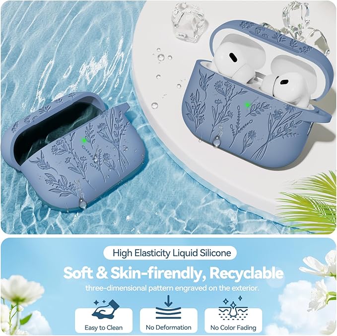 for Apple AirPods Pro 2nd/1st Generation, Soft Silicone Flower Engraved AirPods Pro 2 Gen Protective Case Cover for Women Airpod Case with Clean Kit,Carabiner,Front LED Visible,Sand Powder