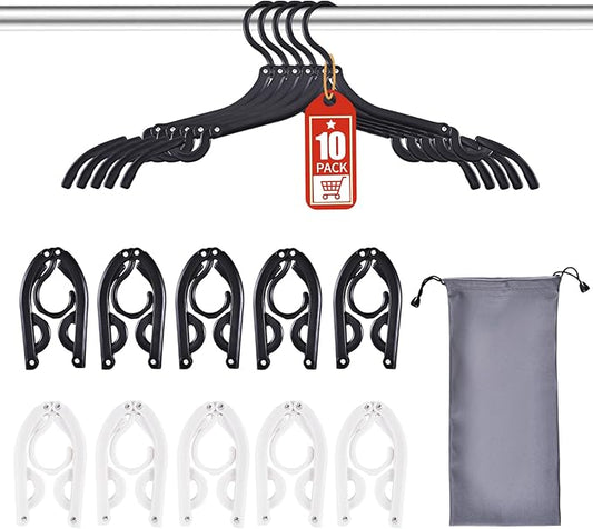 10-Pack Foldable Travel Hangers with Gift Box – Thickened ABS & Aluminum Rivets, Non-Slip Design for Delicate Clothes, Compact 5.5x3 Inch, Black/White