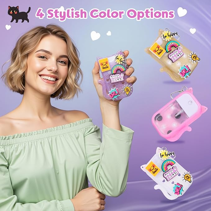 FunisFun Glitter Silicone Holder Case Compatible with Hand Sanitizer Spray 1 Fl. OZ., Cat-shaped Case Keychain with 6 Charms