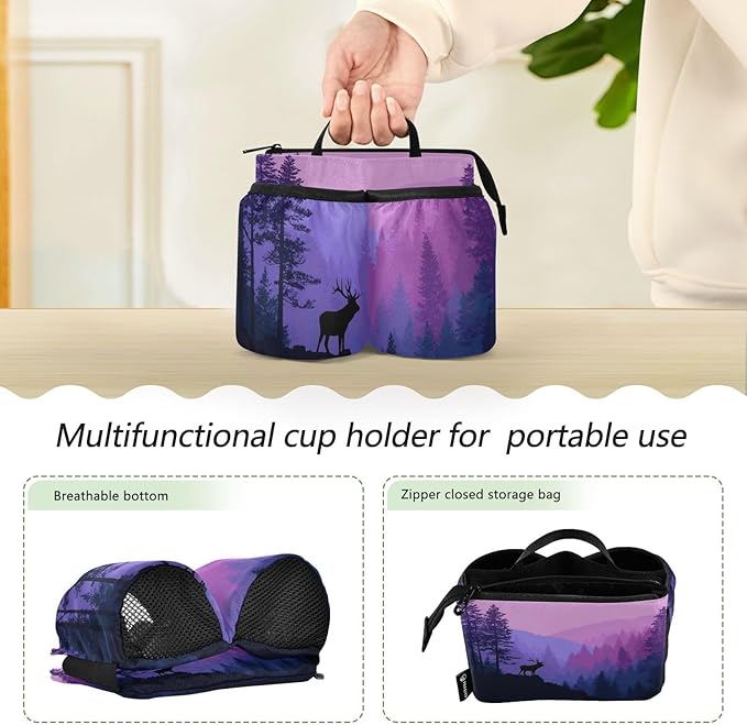 Luggage Cup Holder for Suitcases Free Hands Suitcase Cup Holder Travel Luggage Drink Holder Portable Luggage Cup Caddy Bag Carrier with Handle Purple Stag Forest Trees