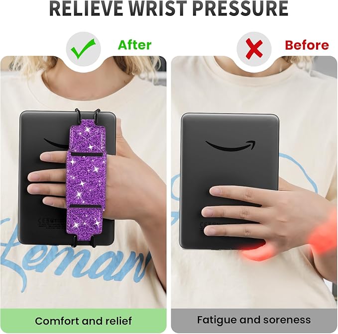 MoKo 2 Pack Security Hand Strap for 6-8" Kindle eReaders Fire Tablet-Kindle/Kobo/Voyaga E-Book Tablet, High-Elasticity Versatile Hand Strap Lightweight Finger Grip Holder, Deep Purple+Glitter Purple
