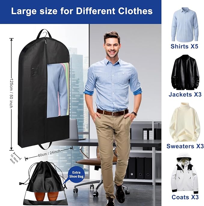 43"Garment Bags for Hanging Clothes and Travel with 4" Gusseted, Suit Cover for Clothes,Coats,Suit,Jackets,Dress,Shirts,Skirt. (Black-43"-1pcs-Double zipper-Thickened 80G Non-woven Fabric)