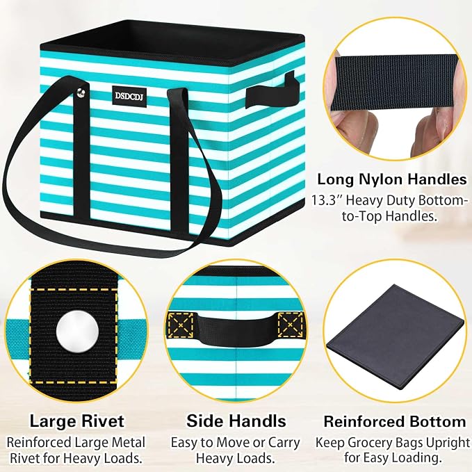 Reusable Grocery Bags 3 Pack - Heavy Duty Reusable Shopping Bags with Hard Bottom & Long Handles, Foldable Utility Tote Bag with Box Shape to Stand Up, 13x10.23x11in, Stripe Green