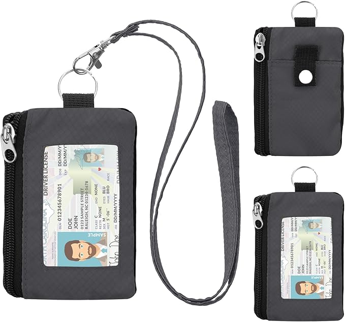 Minimalist RFID Wallet with Lanyard, Multi-Functional ID Case with 2 Zipper Pockets and Key Chain for Men and Women, Tactical Badge Pouch Cards Holder, Coin Purse for Travel Sports-Gray