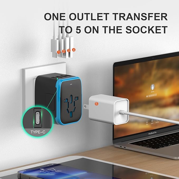 Universal International Power Travel Plug Adapter, 5 in 1 European Travel Plug Adapter W/ 3.5A 2xUSB-A and 2xUSB C Wall Charger and Worldwide AC Outlet for Europe USA UK AUS Asia