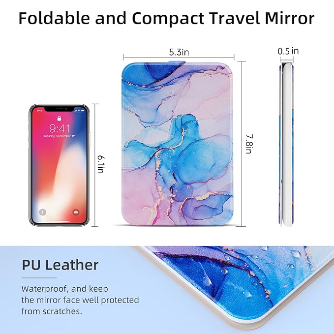 Rechargeable Travel Lighted Makeup Mirror with PU Leather Cover, Portable Travel Makeup Mirror with lights, 3 Color Lighting,Touch Sensor Dimmable, Light Up Tabletop Folding Cosmetic Mirror Colorful