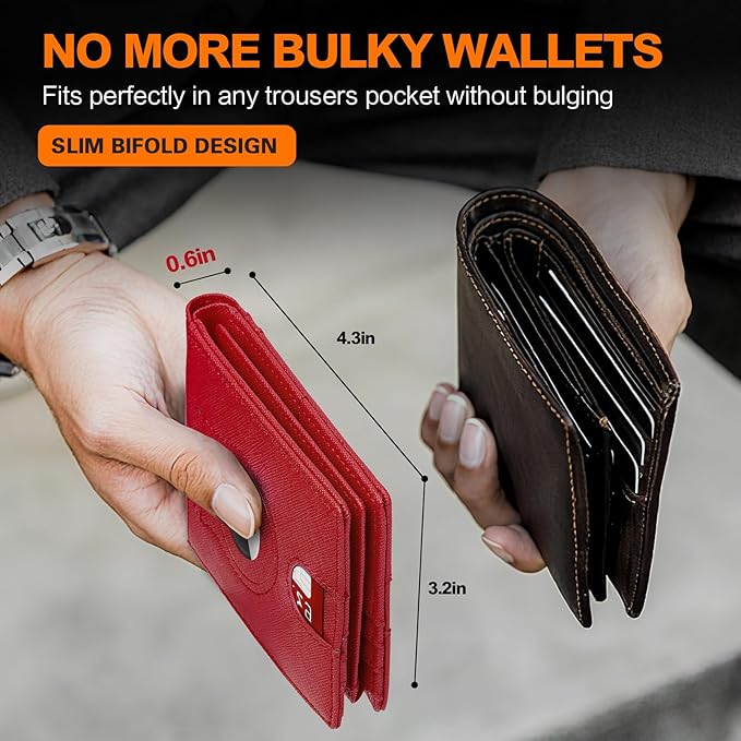 Wallet for Men Slim RFID Blocking Bifold Carbon Fiber,Minimalist Small Compact Front Pocket Credit Card Holder,Thin Mens Leather Wallets Smart Security With 2 ID windows 1 Cash (Cross Red)