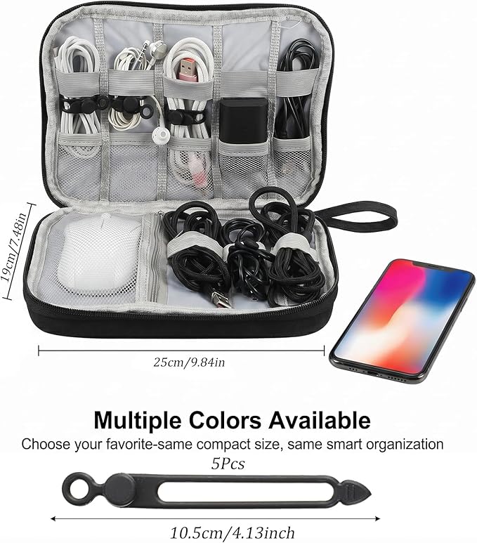 Electronics Organizer Travel Case with 6 Cable Ties, Travel Cord Organizer, Portable Waterproof Cable Organizers Storage Bag Charger Cord Organizers for Charger Phone Earphone Electronic