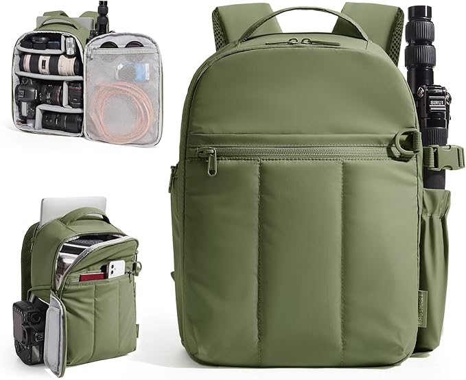 BAGSMART Puffy Camera Backpack, Camera Bags for Photographers, DSLR/SLR Mirrorless Photography Camera Case, Small Water-resistant Travel Backpack for Women with Laptop Compartment, Green