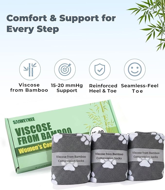 Compression Socks for Women 15-20 mmHg, Viscose from Bamboo, 3-Pair Knee High for Flying, Work & All-Day Comfort