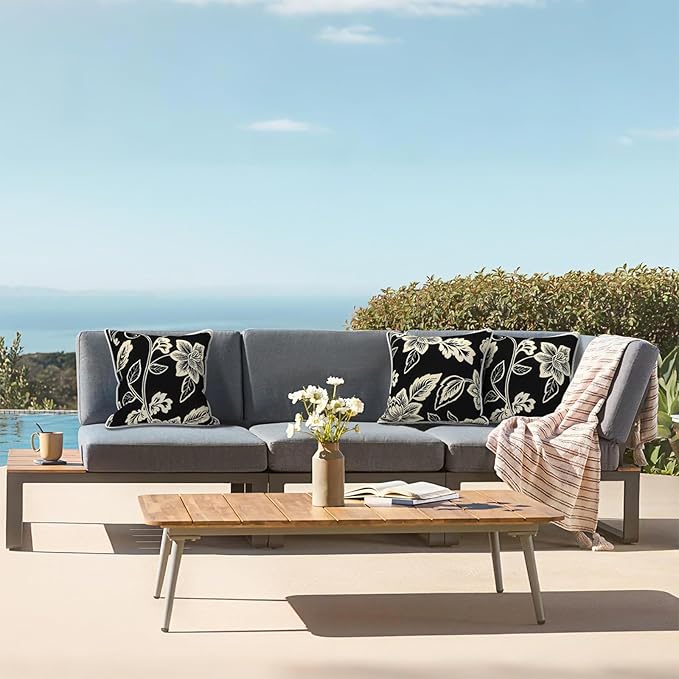 LVTXIII Outdoor Throw Pillows 18x18 Patio Waterproof Square Pillows with Piping Fade Resistant Accent Pillow for Spring Summer Garden Decoration, Set of 2, Elegant Vines Black