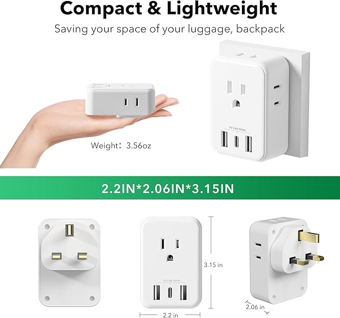 BN-LINK US to UK Plug Adapter, Type G Plug Travel Adapter with 4 AC Outlets and 3 USB Ports (1 USB C), UK Power Adapter for USA to Ireland England Dubai London Scotland British Kenya Hong Kong