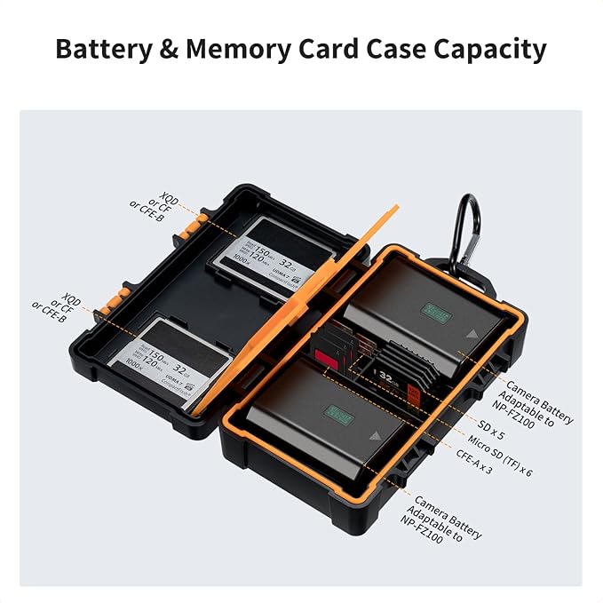 K&F CONCEPT Camera Battery Memory Card Case for 5 SD Cards, 2 Camera Batteries, 6 TF Cards, 3 CFE-A, 2 CF/XQD/CFE-B Cards, Water-Resistant Anti-Shock Case for Camera Batteries, NP-FZ100/NP-FZ50
