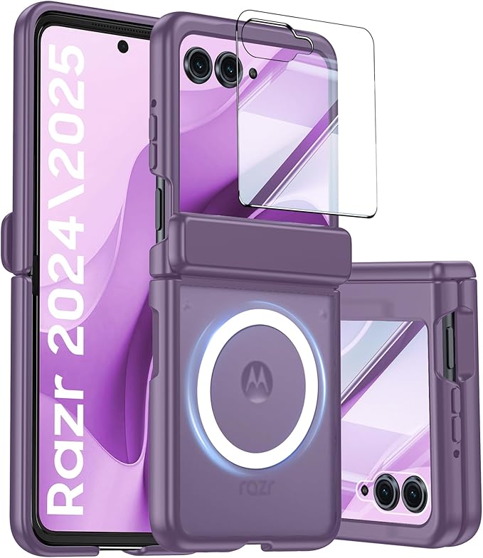 Magnetic for Motorola Razr 2025 Case/Razr 2024 Case,Hinge Protection, Screen Protector, Compatible with MagSafe, Translucent Frosted, Shockproof Slim Cover for Razr 2025/2024 -Purple