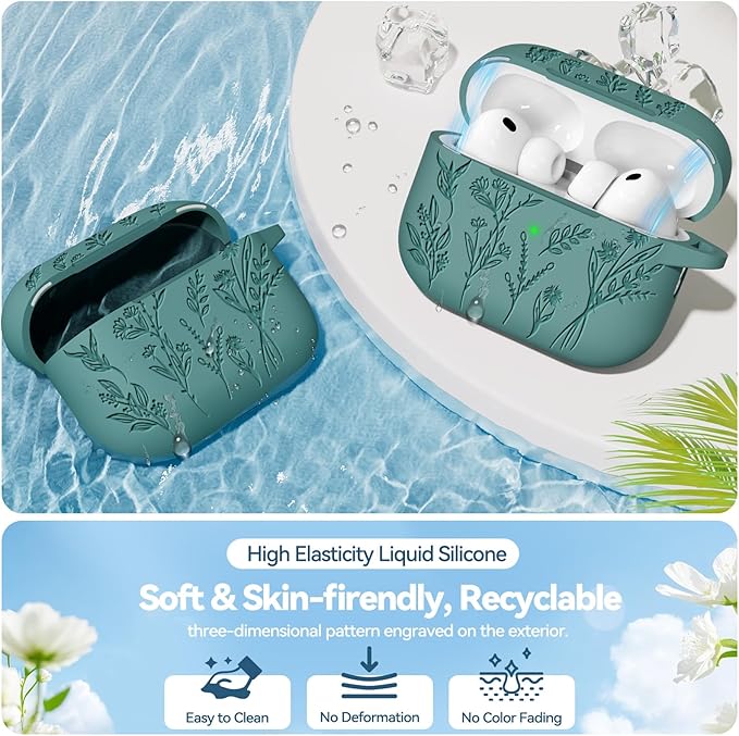 for Airpods Pro 3 Case with Magnetic Lid, Flower Engraved Cases for Apple AirPods Pro 3rd Generation 2025, Soft Silicone Cover for Women Girly with Cleaner & Keychain, Shockproof