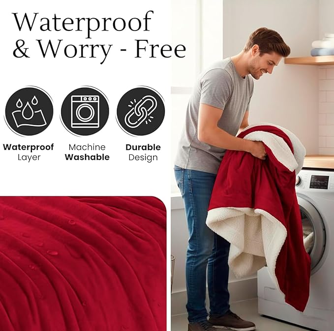 Waterproof Blanket for Bed Intimacy (90"x 80" King Size) Reversible Fleece | Sherpa, Love Blanket, Water Proof TPU Stain Proof Couch Furniture Mattress Winter Large Dog Bed Cover - Burgundy