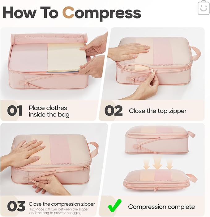 Veken 10 Set Compression Packing Cubes for Travel Essentials,Compressible Expandable Large Luggage Suitcase Organizer Bags for Clothing,Durable Space Saver Storage Bags with Toiletry Bags(Beige)