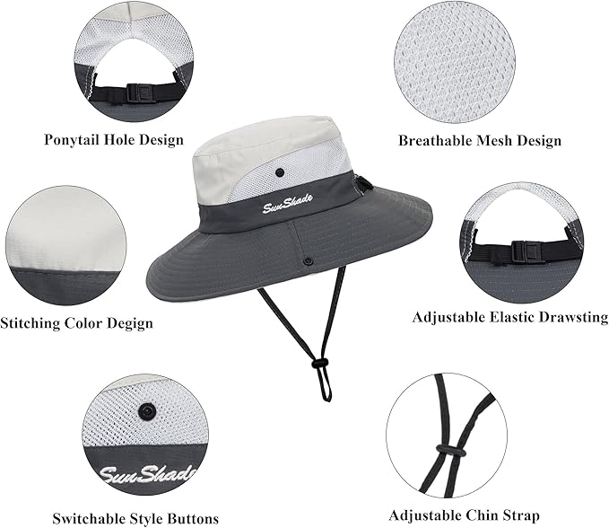Sun Hat for Women Summer UV Protection Beach Hat Wide Brim Mesh Bucket Fishing Hat with Ponytail Hole Foldable Packable Hat