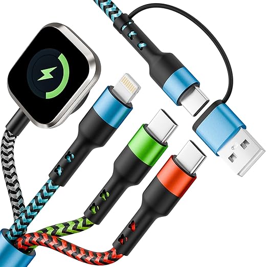 Dual Type C Port Multi Charging Cable Cord for Travel Vacation Essentials, 4 in 2 USB A/Type C/Lightning Cable for iWatch,iPhone 17-11,Xbox Series X&S,Airpods,Home,Office Car Charger, 5FT
