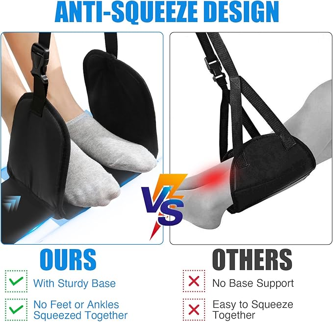 Foot Hammock for Plane Travel - Anti-Squeeze Airplane Foot Rest, Portable Foot Sling for Long Flight with Support Board/Memory Foam, Footrest Leg Rest for Air Travel Accessories Must Haves, 1 Pack