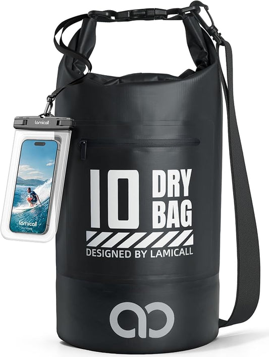 Lamicall Waterproof Dry Bag with Phone Pouch, Floating Roll Top Backpack, 10L, Black