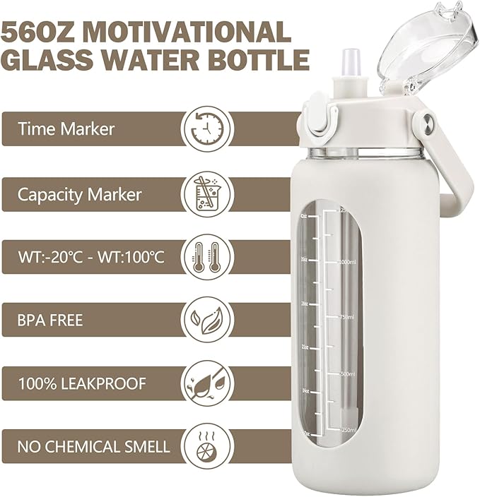 56oz Glass Water Bottles with Straw, Motivational Glass Bottle with Silicone Sleeve and Time Marker, Leakproof Large Glass Water Jug for Gym Home Office,White