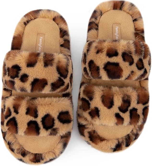 FamilyFairy Women's Fluffy Faux Fur Slippers Comfy Open Toe Two Band Slides with Fleece Lining and Rubber Sole