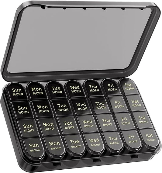 Daviky Pill Organizer 4 Times a Day - Pill Box 7 Day, Weekly Medicine Pill Organizer for Travel with Removable Containers, Pill Case to Hold Daily Vitamins, Supplements and Medication (All Black)