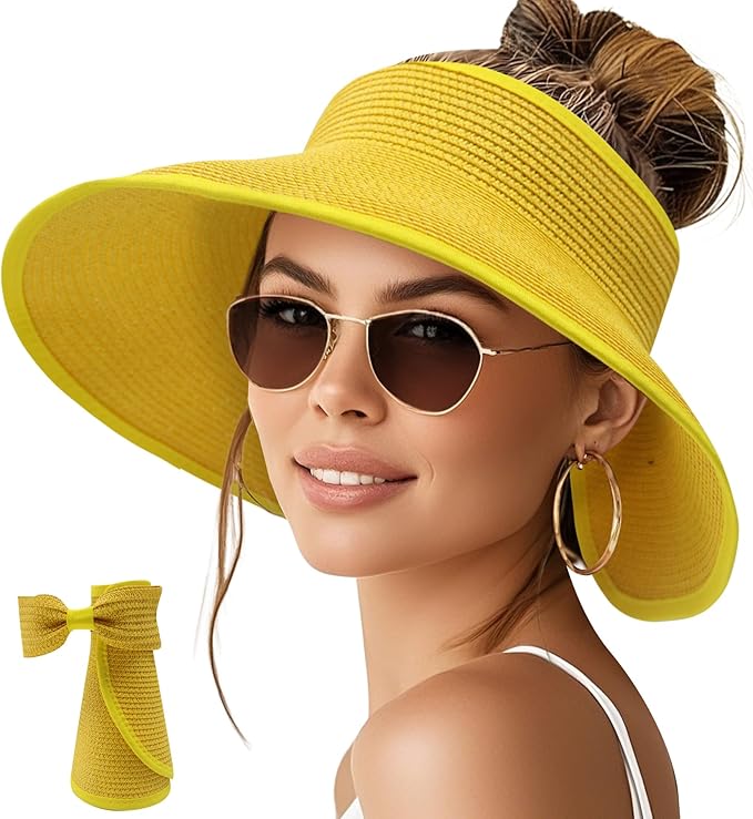 NPQQUAN Sun Visor Hats for Women Wide Brim Ponytail Straw Beach Hat Packable Foldable UPF 50+ Floppy Travel Hats