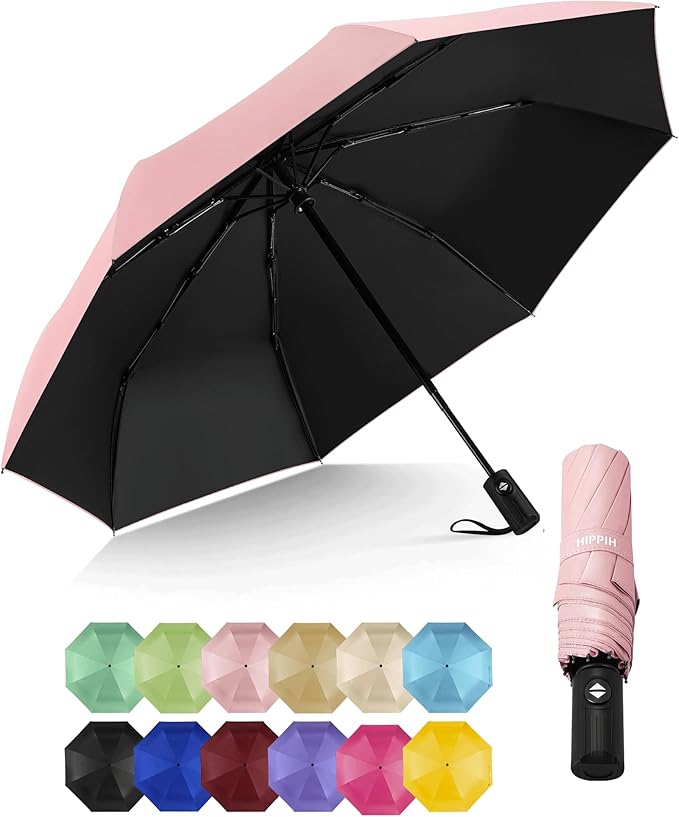 HIPPIH Compact Travel Umbrella for Rain - Windproof Automatic Umbrellas, UV Umbrella for Sun Protection with Black Anti-UV Coating, Portable Small Umbrellas for Backpack, Car, Walking, Kids, Women