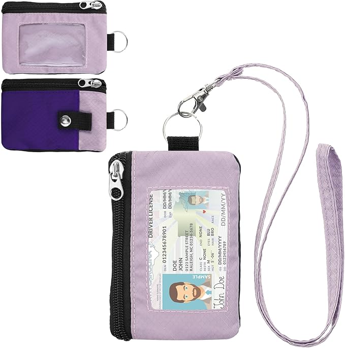 Minimalist RFID Wallet with Lanyard, Multi-functional ID Case with 2 Zipper Pockets and Key Chain for Men and Women, Tactical Badge Pouch Cards Holder, Coin Purse for Travel Sports - Purple&Pink