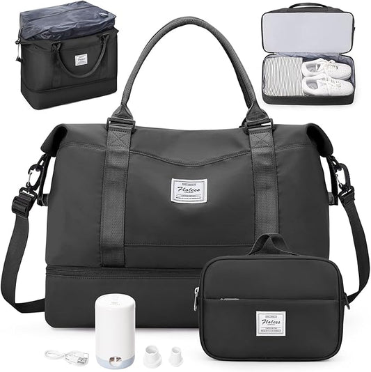 Overnight Weekender Bags for Women,Vacuum Travel Duffel Bag with Air Pump, Personal Item Travel Bag with Shoes Compartment & Compression Pocket,Black
