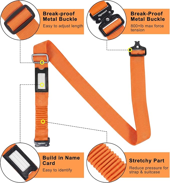 Vigorport Luggage Straps for Suitcases 2 Pack, Heavy Duty Metal Buckle Luggage Belt Strap, TSA Approved Suitcase Belt, Stretchable Travel Strap for Luggage (Orange, 72″ L & 79″ L)