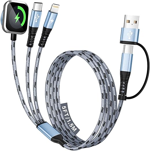 Multi Charging Cable for iPhone iWatch Charger, 3 in 2 USB A/C Phone Charger Cord with Dual Type-C/IP, 5FT iWatch Cable Nylon Travel Essentials Compatible with iWatch/iPhone 17-1/Android