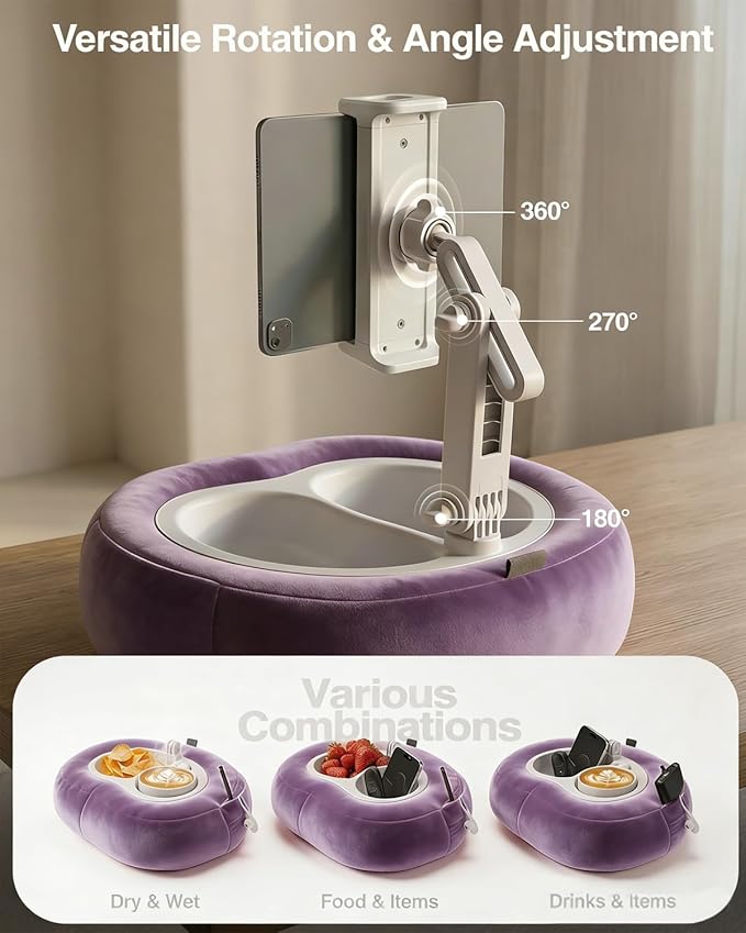 Miledi Tablet Pillow Stand, Compatible with 5"-12.9" Kindle, iPad, Phone/Tablet, 360° Rotating Phone Holder for Bed, Soft Plush Fabric, Detachable Bowl, Reading and Relaxation on Bed, Purple