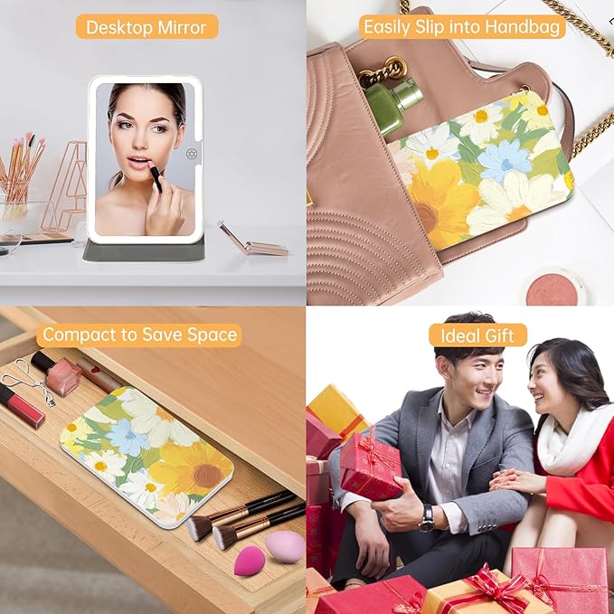 Rechargeable Travel Lighted Makeup Mirror with PU Leather Cover, Portable Travel Makeup Mirror with lights, 3 Color Lighting,Touch Sensor Dimmable, Light Up Tabletop Cosmetic Mirror Folding Flower