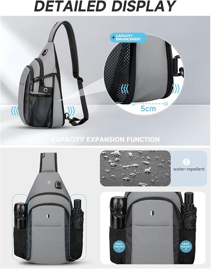 Expandable Sling Bag for Men, Anti-Theft Chest Pack with Water Bottle Pocket & Earphone Port, Crossbody Backpack for Hiking, Travel & Outdoor, Fits Switch 2, 11 Inch iPad, Grey | Mens Crossbody Bag