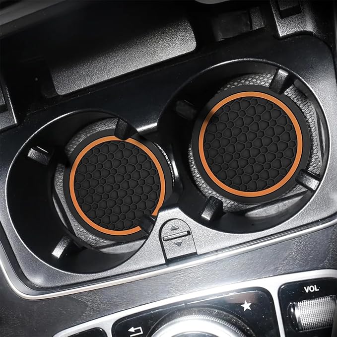 Mandark 4PCS Car Cup Holder Coasters, 2.75 Inch Non-Slip Insert Water Bottle Holder Pads, Dustproof Automotive Interior Accessories Mat, Universal for Vehicles, Trucks, RVs and More (Black/Orange)