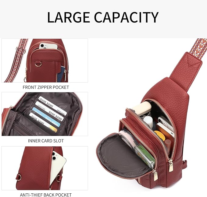 GAEKEAO Sling Bag for Women Vegan Leather Crossbody Bags Travel Fanny Pack Chest Bag Purse with Adjustable Wide Guitar Strap