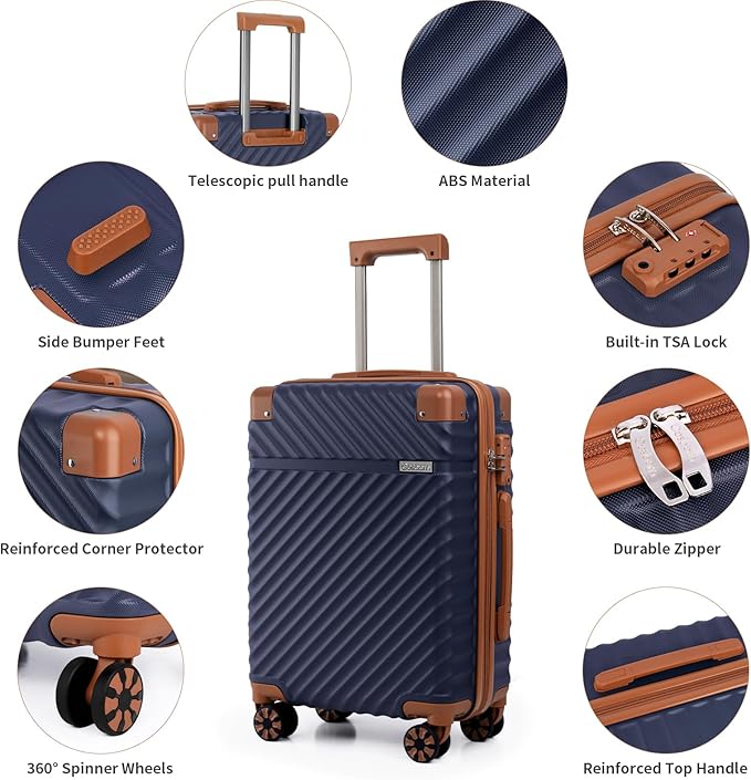 Cosbarn Carry On Luggage 22x14x9 Airline Approved, Hardside 20 Inch Carry on Suitcases with Wheels, Hard Shell ABS Lightweight Carry on Luggage Set, Travel Suitcase Set with TSA Lock, DarkBlue