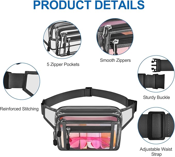 Clear Bag Stadium Approved Clear Fanny Pack for Women for Work,Multi-purpose Waist Bag for Travel & Sporting Event