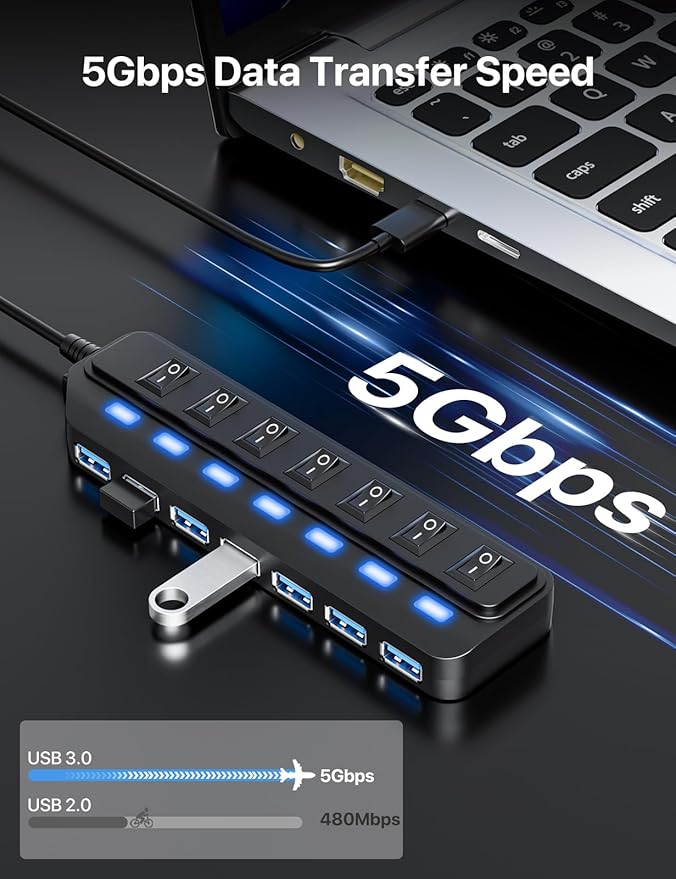 WIRWTRU USB Hub 7 Port,USB 3.0 Hub Splitter with Individual On/Off LED Switches, USB Hub for PC, 5Gbps HighSpeed Data for Laptop, Mac, PC, Desktop, PS5, Xbox and More